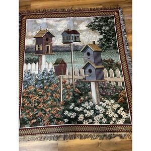 Birdhouses In‎ A Flower Garden Throw Blanket Afghan 48x56 Tapestry Bird House
